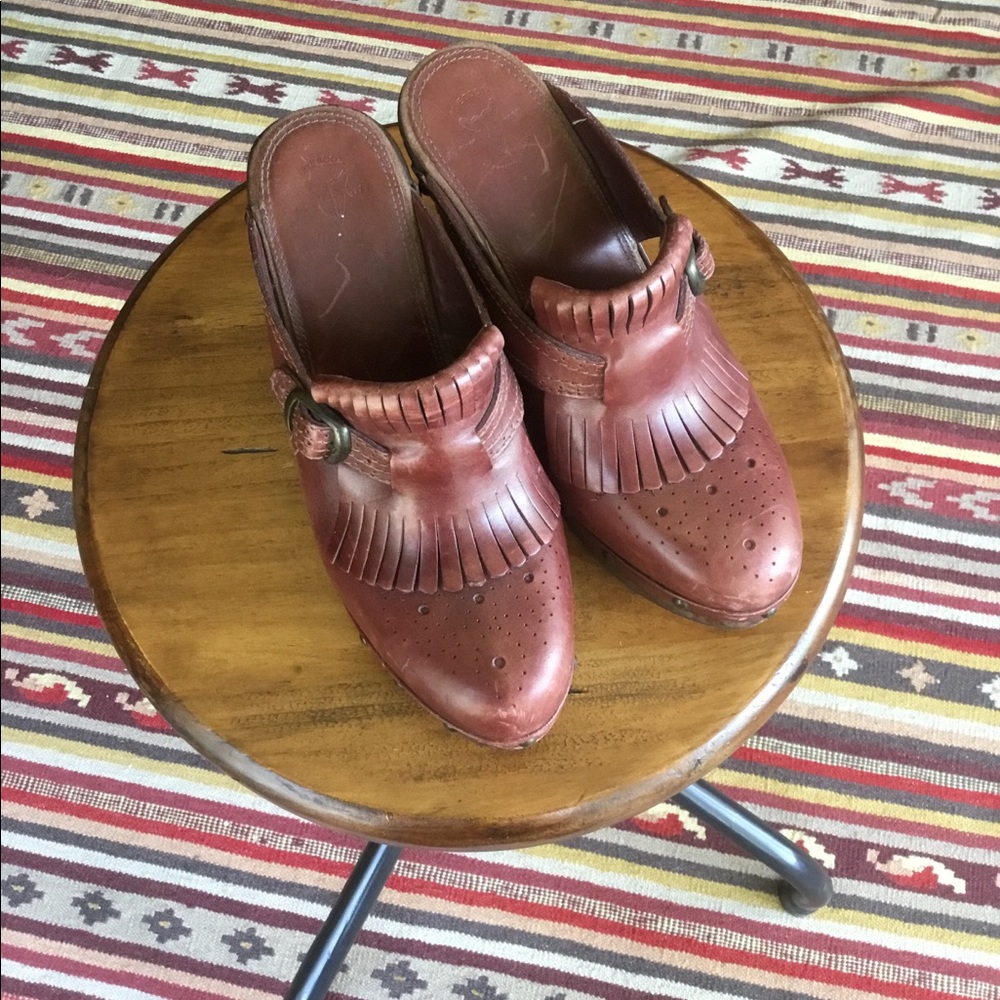 Oxblood studded Heeled Frye mules